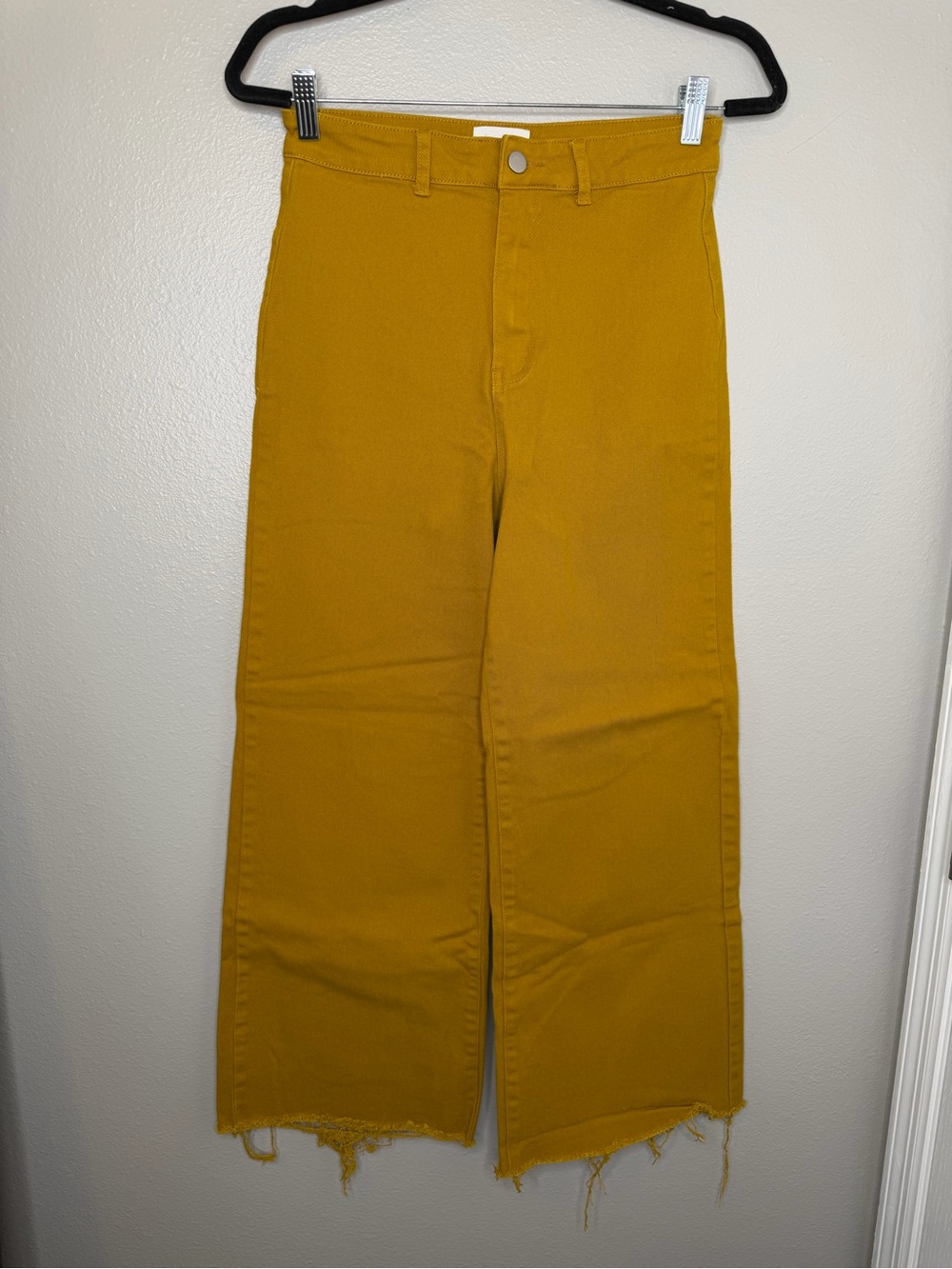 ANNIEWEAR Cropped Wide Leg Button Fly Jeans Mustard Raw Hem Women's Size M